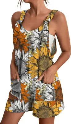 Image de ASKSA Femme Jumpsuit d'été Elégant Combinaison sans manches Pantalon court Une pièce Dos nu Salopette, Jaune, XL