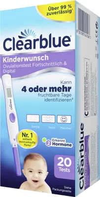 A product box for a Clearblue ovulation test kit, featuring an image of a baby and the product itself.