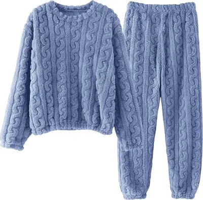 Produktbild von Damen Kuscheliger Fleece Pyjama Set in Rosa, Langarm Kabelstrick Schlafanzug mit Jogginghose, Weiche Flanell Nachtwäsche Loungewear für den Winter, Einheitsgröße, Blau