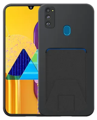 A smartphone with a black case is shown, with a portion of the phone's screen visible.