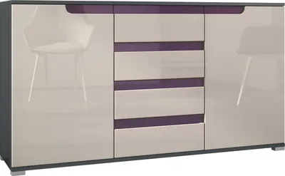 Produktbild von Vladon Sideboard Sylt V1, Kommode mit 2 Türen und 4 Schubladen, Korpus - Anthrazit matt / Front - Sandgrau Hochglanz / Absetzung - Brombeer Hochglanz (138,5 x 75,5 x 35 cm)