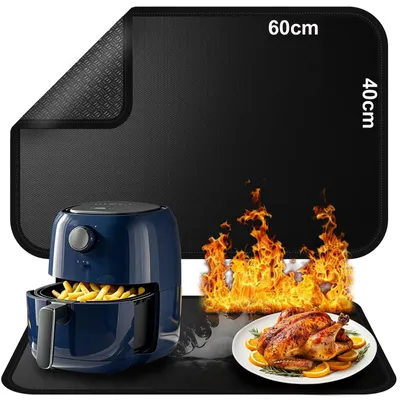 Produktbild von Feuerfeste Matte, rutschfeste, hitzebeständige Matte für Heißluftfritteusen, feuerfeste Matte für Kaffeemaschinen, Hitzeschutzmatte, feuerfeste Silikonmatte für Heißluftfritteusen (schwarz, 60 x 40 cm)