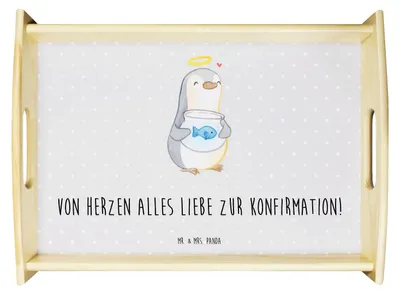 Produktbild von Mr. & Mrs. Panda Dekotablett Pinguin Fisch - Grau Pastell - Geschenk, tablett aus holz, sofatablett, Konfirmation, Holztablett, zum servieren, serviertablett, Kommunion