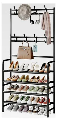 Produktbild von Freistehendes Schuhregal mit Ablagefläche und 8 Haken für Eingangsbereich, Schlafzimmer und Garderobe, 4 Etagen, Schwarz