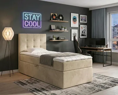 Produktbild von NORDELO Boxspringbett INCANTO 90x200 cm Beige Komplett-Set gepolstertes Einzelbett mit Stauraum, Matratze und 4 cm Visco-Topper, Bonellfederkernmatratze, T30-Schaum