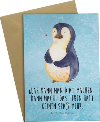Produktbild von Mr. & Mrs. Panda Grußkarte Pinguin Diät - Eisblau - Geschenk, hochzeitskarten, Abnehmen, einladungskarten, glücklich, weihnachtskarten, vatertagskarte, Motivation