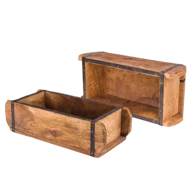 Produktbild von BigDean 2x Ziegelform 32x14x9 cm - Ein-Kammer - Vintage Holzkiste mit Metallbeschlägen - Ordnungsbox Allzweckkiste - Nachbau aus Altholz