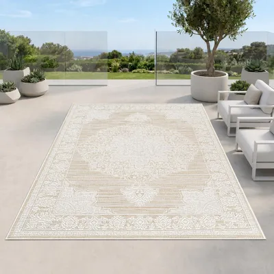 Produktbild von Teppich Beige Creme pflegeleicht für Wohnzimmer Balkon Terrasse Größe - 200 x 290 cm