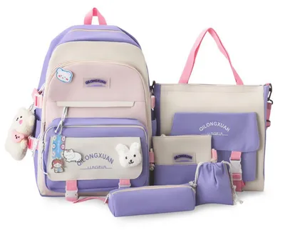 Immagine prodotto di Set di 5 articoli per zaino scolastico da bambina, colore lilla, per le classi da 3ª a 7ª