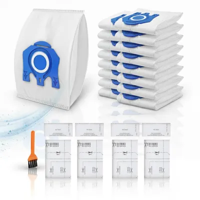 A collection of vacuum cleaner bags and filters, along with a small cleaning brush, are displayed against a white background.