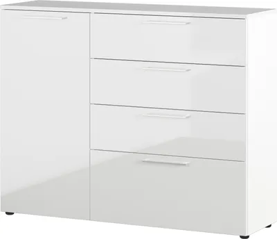 Produktbild von Sideboard "403" in weiss mit 4 Schubladen und einer Tür. Abmessungen (BxHxT) 135x107x40 cm