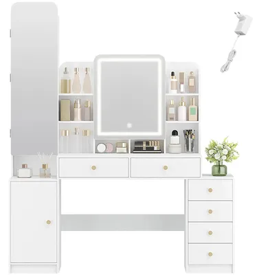 Productafbeelding van Make-uptafel met verlichting - Kaptafel met spiegel - 8 open vakken - 6 lades - Juwelendoosje - Moderne witte tafel van spaanplaat