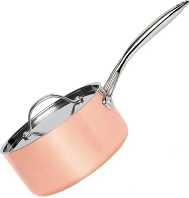 Produktbild von Stanley Rogers Kochtopf Ø 18 cm mit Deckel COPPER TRI-PLY, hochwertige Kasserolle mit Antihaftbeschichtung und 1,75L Füllvermögen, Topf aus Edelstahl, Aluminium und Kupfer für Glaskeramik-, Gas-, Elektro- sowie Induktionsherde