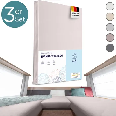 Produktbild von Beeke® Premium Spannbettlaken Wohnmobil [3 teilig] - Hergestellt in Deutschland - Als Wohnwagen Zubehör / Caravan Heckbett Matratze - 97% Baumwolle und 3% Elasthan - 200 g/m² - Kiesel