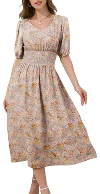 Produktbild von Damen Midi Sommerkleid Ausgestellt Luftig Blumen Beige S
