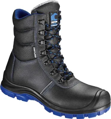A black and blue winter boot.