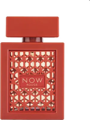 A red perfume bottle with a decorative gold lattice pattern on the front.