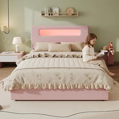 Obrázek produktu pro Dětská postel s polstrováním, rozměry 140 x 200 cm, se 4 zásuvkami, úložným čelem, odkládacími plochami a LED osvětlením ovládaným aplikací, nosnost až 220 kg, barva růžová