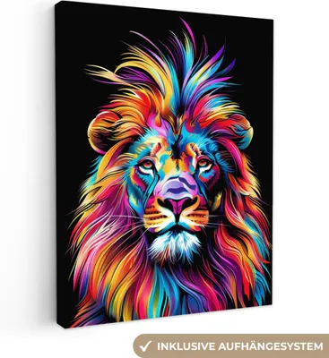 Produktbild von MuchoWow® - Leinwandbilder - Löwen - Bunt - Schwarz - Tiere, Wandbild, Wanddeko Bilder Wohnzimmer, 90x120 cm