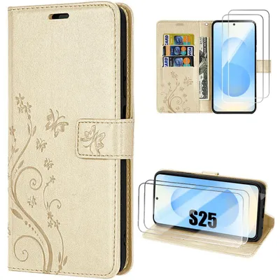 Image de Coque + 2 Verres Trempés pour Samsung Galaxy S25, Flip Case Cuir Synthétique Antichoc Motif Plante Papillon Doré