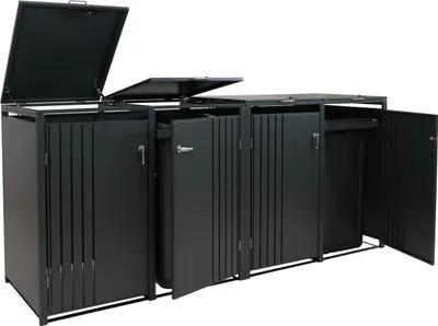 A dark gray, multi-unit trash can enclosure with several doors open.