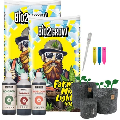 Produktbild von Pflanzenset mit 2x40L Erde & 3 Root Pouch Stofftöpfen (16L, grau) Advanced – Inklusive BioBizz Grow, Bloom & Top Max (je 250 ml) Indoor