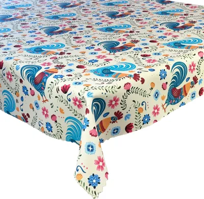Zdjęcie produktu dla Obrus plamoodporny Wielkanocny nadruk Kogut Folklor Niebieski Beżowy Zielony 155x240 cm