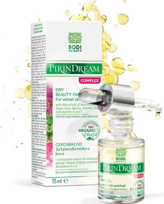 Produktbild von BODI BEAUTY Pirin Dream Complex Trockenöl für schöne Haut und Haare | körperöl & haaröl mit olivenöl, mandelöl, vitamin E, vitamin A 15ml