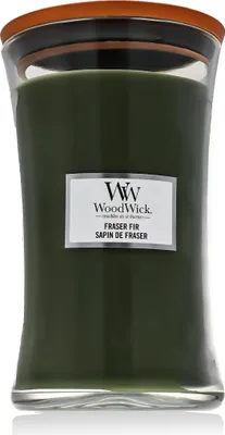 Productafbeelding van WoodWick Grote geurkaars in een zandloperglas met knisperende lont, geur: Fraser Fir, brandduur tot 130 uur