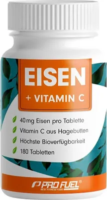 A bottle of ProFuel EISEN + Vitamin C supplement tablets.