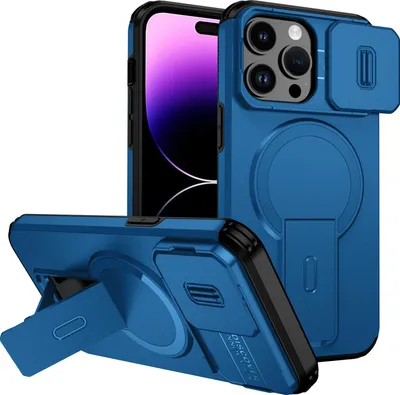 Immagine prodotto di Custodia magnetica per iPhone 14 Pro Max, custodia resistente a due strati con protezione scorrevole della fotocamera e supporto regolabile Blu