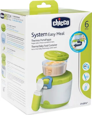 Produktbild von Chicco Easy Meal Thermo-Behälter für Kinder, Set mit zwei Behältern und Reiselöffel für Kinder, Entwöhnungsbecher für Babys, hält die Temperatur bis zu 6 Stunden, BPA-frei - 6+ Monate, grün