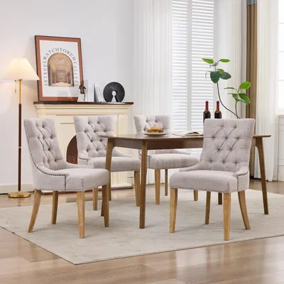 Produktbild von MODFU 2er-Set Esszimmerstühl Beige,Posterstuhl mit Rückenlehne und Eichenbeine,Küchenstuhl aus Massivholz,56×63×92.5cm