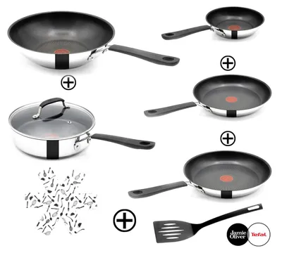 Produktbild von Tefal Pfannen-Set Jamie Oliver E30 Pfannen Set 20+24+28cm + Schmorpfanne 25cm + Wok 28cm, Edelstahl 18/10 (Inkl. 1 Wender & Filzschoner, Pfannenset)