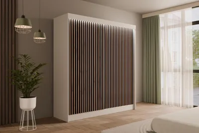 Produktbild von ALTDECOR Kleiderschrank mit Lamel-Schiebetüren,  Führungsschienen und Aluminium- Leisten, LED-Beleuchtung  und Fernbedienung - VILANv2 - 200 cm Weiß + Lamelle Eiche Wotan
