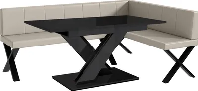 Produktbild von MEBLINI Eckbank für Esszimmer mit ausziehbarem Tisch - Küchenbank - Essecke - Sitzecke Küche - PETER - X-Beine 142x196x87cm Rechts - Beige Kunstleder/B Schwarz Hochgl.