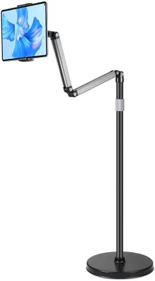 Zdjęcie produktu dla Uniqoos® – regulowany uchwyt na tablet – stabilna konstrukcja o wysokości 130–160 cm, solidna podstawa, obrót o 360°, elastyczny "żyrafkowy" przegub, przeznaczony do urządzeń o przekątnej 4,7–13 cali, wykonany z aluminium