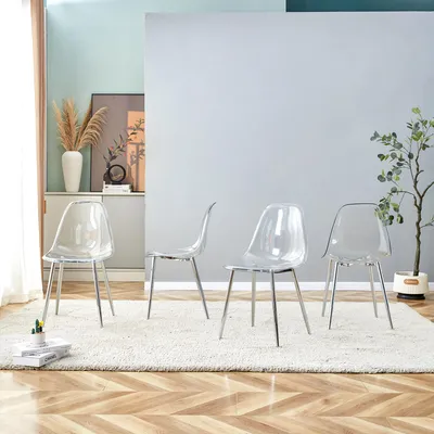 Produktbild von MODFU Esszimmerstuhl 4er-Set, Küchenstuhl mit silberne Metallbeine (aus Rutschfeste Füße) und Transparent für Loungesessel,Bürostuhl