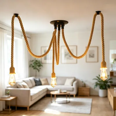 Produktbild von VETOLAKA 3 Stück Deckenlampe mit Hanfseil Kronleuchter : Deckenleuchte Retro, Hängelampe Pendellampe 3 Flammi, Spinne Deckenleuchte E27, Kronleuchter Hanfseil DIY, für Stab, Café, Ohne Leuchtmitttel