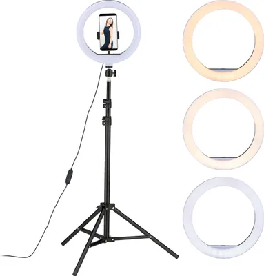 Immagine prodotto di Rivoluzionaria lampada circolare a LED con treppiede e supporto per telefono, alimentazione USB, luminosità regolabile. Una luce che trasforma il vostro spazio! Eleganza bianca, perfetta per selfie e vlog.