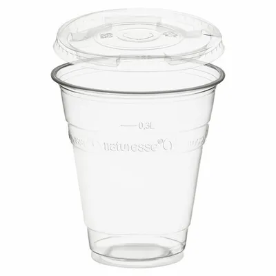 Produktbild von 50x Trinkbecher 300ml + Deckel mit Halmstanzung aus Biokunststoff (PLA)