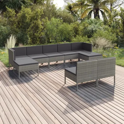 Image de Ensemble de salon de jardin 9 pièces avec coussins, en rotin synthétique gris, haute qualité