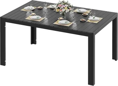 Zdjęcie produktu dla Stół ogrodowy na taras - prostokątny stół do jadalni na zewnątrz - rama aluminiowa - blat imitujący drewno (WPC) - wymiary: 140x90x75 cm - dla 6-8 osób - odporny na warunki atmosferyczne - rama w kolorze czarnym, blat