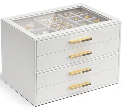 Produktbild von Schmuckkästchen Schmuckbox Schmuckschatulle - 4 Ebenen - Glasdeckel - Weiß - Für Halsketten und Ohrringe