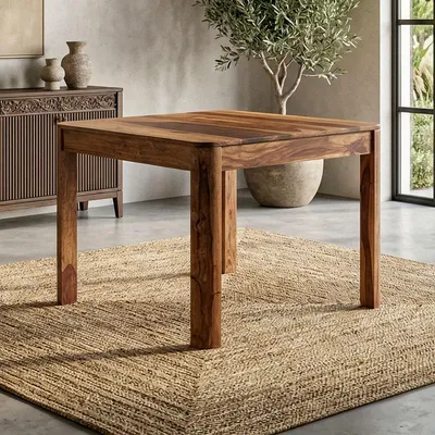 Zdjęcie produktu dla WOHNLING Stół do jadalni z litego drewna sheesham 80x80 cm, ciemnobrązowy, kwadratowy stół do jadalni, stół kuchenny dla 4 osób, drewniany stół do jadalni, ręcznie wykonany
