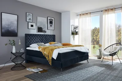Produktbild von KAWOLA Bett SINDAR Boxspringbett Stoff dunkelblau Fuß silber ohne Topper 160x200cm