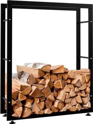 A black metal firewood rack filled with chopped wood.