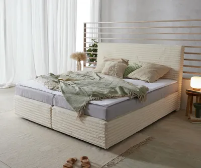 Produktbild von DELIFE Boxspringbett Dream-Well Plüsch-Cord Beige 180x200 cm Bonell-Matratze PolyurethanTopper