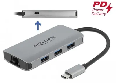 Produktbild von DeLOCK USB 3.2 Gen 1 Hub mit 4 Ports und Gigabit LAN und PD, Kabelgebunden, USB 3.2 Gen 1 (3.1 Gen 1) Type-C, 10,100,1000 Mbit/s, 10BASE-T, 100BASE-TX, 1000BASE-T, IEEE 802.1Q, IEEE 802.1ab, IEEE 802.3, IEEE 802.3az, IEEE 802.3u, IEEE 802.3x, Grau