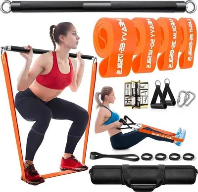 Produktbild von Famanu Fitnessgerät Set für Zuhause - Krafttraining - Abnehmbare Trainingsstange - Inklusive 4 Widerstandsbändern